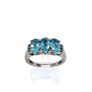 NEW 925 Sterling Silver Blue Topaz Three-Stone Oval Cut Gemstone Ring